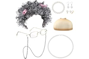Sanfenly Old Lady Wig Granny Costume for Women Grandma Wig Granny Glasses Chain Pearl Necklace Earrings Bracelet Hair Rollers