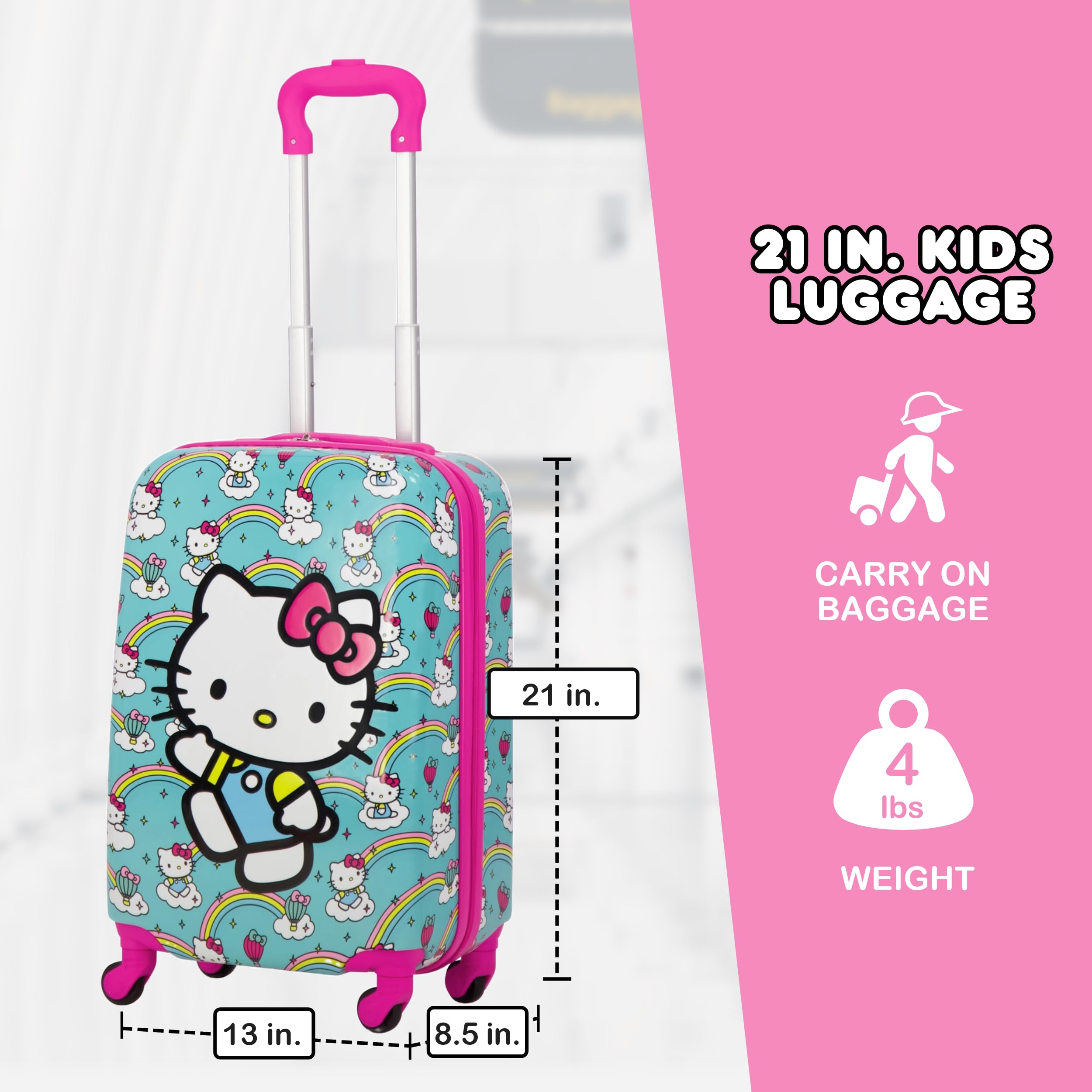 FUL Unisex Kid's Hello Kitty 21 Inch Carry On Luggage, Hardshell Rolling Suitcase with Spinner Wheels, Multi