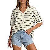 AlisOker Cardigan Sweater for Women Short Sleeve Lightweight Stretchy Striped Button Up Knit Top Summer Outfit Knitwear 2026