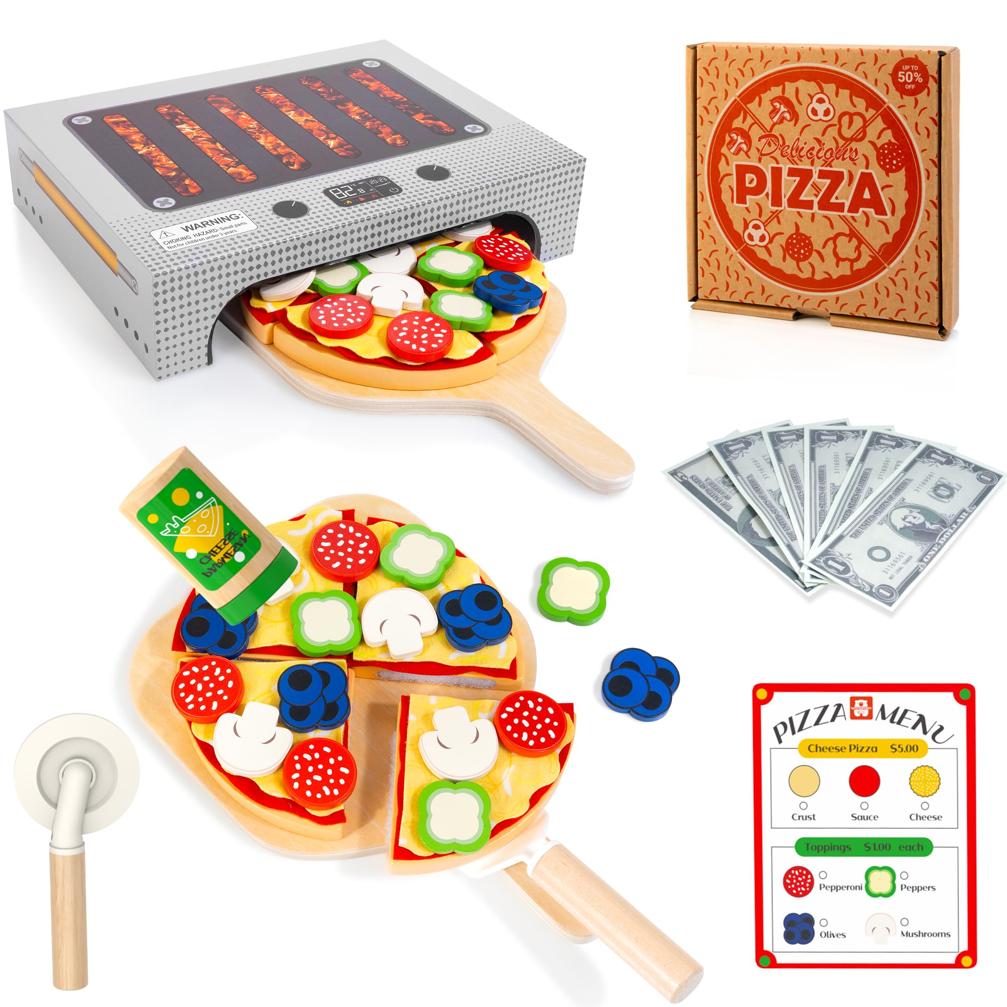 WOODMAM Pizza Toy Set, Montessori Realistic Play Food with Oven Box, Educational Learning Toys for Preschoolers Toddlers Age 3 4 5 6, Christmas Birthday Gift for Kids Image