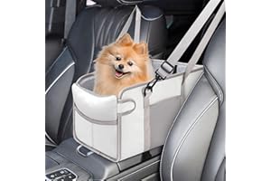 NECKORY Portable Dog Car Seat for Small Dogs - Pet Booster Seat with Safety Leash, Adjustable Straps, Washable Cushion & Storage Pocket - Center Console Puppy Car Seat for Travel - Beige