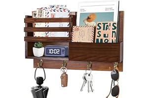 PRIMO LINES Key Holder Wall Mount, Mail Organizer with Key Hooks, Solid Wood Mail Holder with Hook Rustic Home Decor for Command Center Entryway Mudroom Hallway Doorway