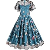 Mesh Embroidered Floral Dress for Women Wedding Guest Dress Ruffle Flutter Sleeve Summer Formal Prom Dress Short Cocktail Dresses Flower Embroidery Tulle Dress Tea Party Evening Dress Peacock Blue S
