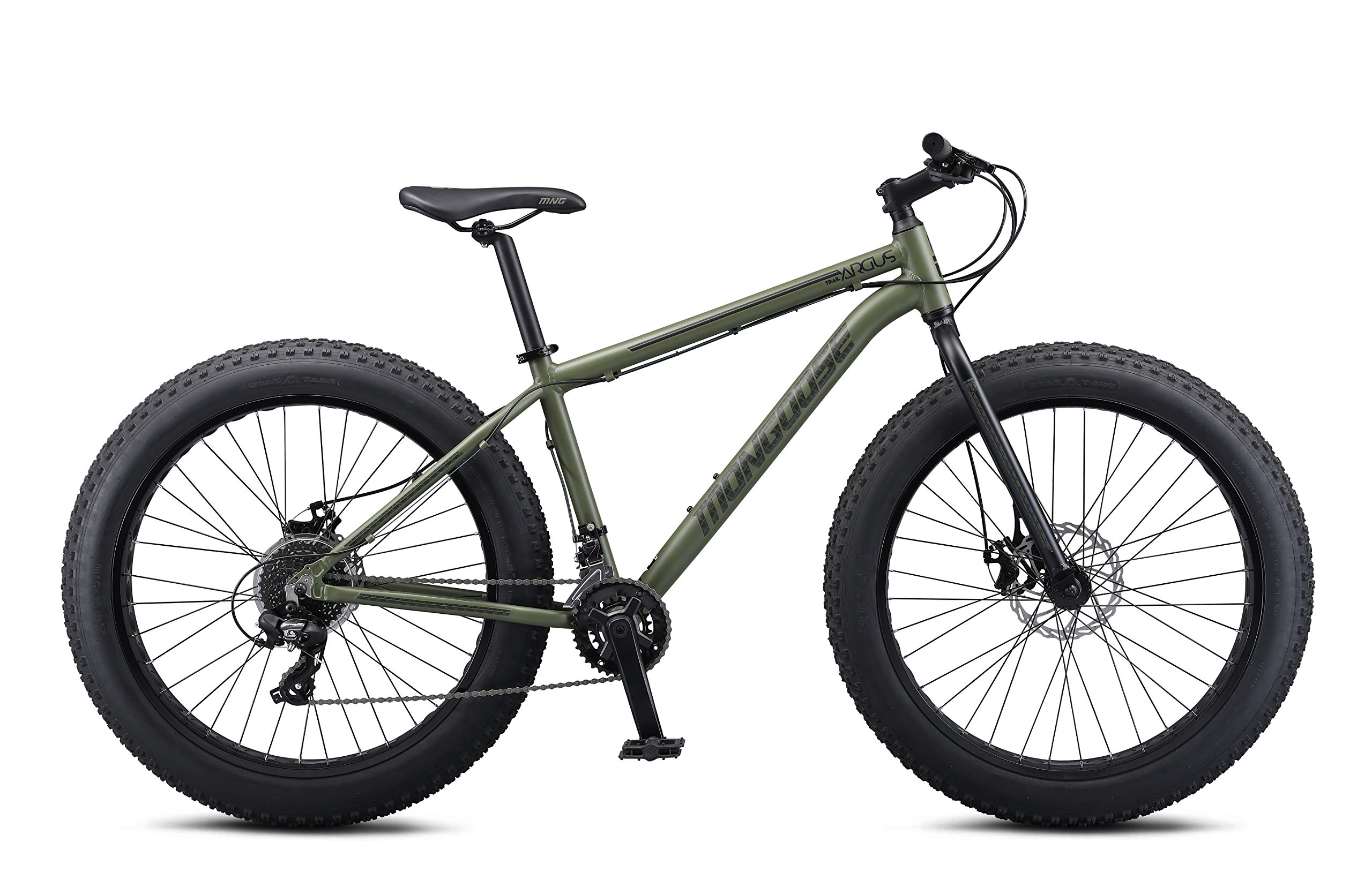 Mongoose Argus Trail or ST Fat Tire Mountain Bike, 20, 24 or 26 Inch Bike for Kids and Adults, 7 or 16 Speed, Aluminum or Steel Frame, Knobby Mountain Fat Tires, Mechanical Disc Brakes