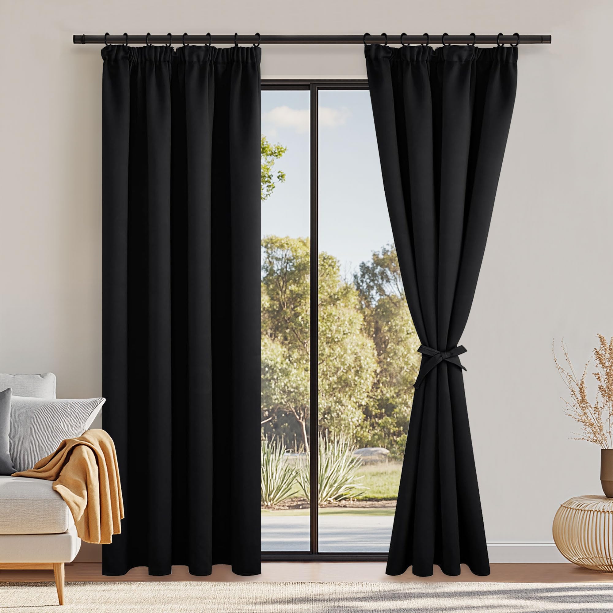 DWCN BlackCurtains for Bedroom Blackout Pencil Pleat Curtain Thermal Insulated Room Darkening Drapes for Living Room 55 x 96 Inch Length, Black, 2 Panels