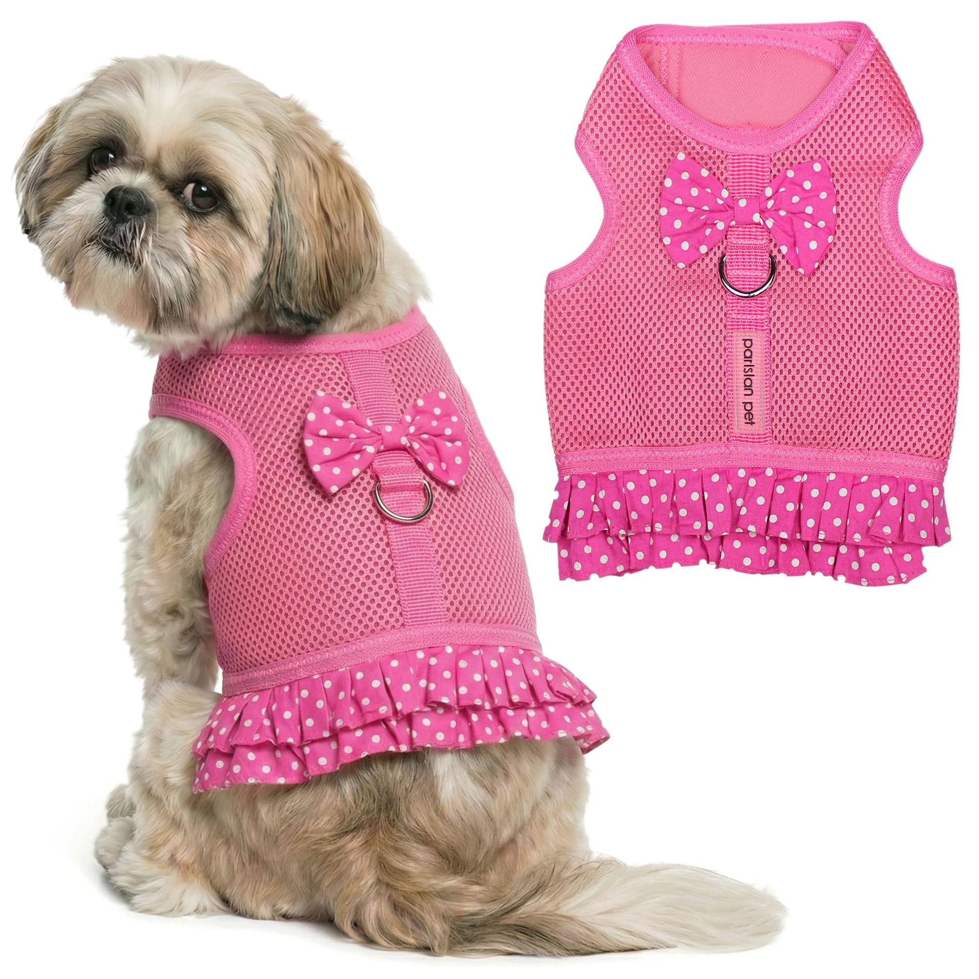 Parisian Pet Dog Harness Dress, Pink Dots, M