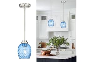 Audickic Pendant Lights Kitchen Island, 1-Light Brushed Nickel Pendant Lighting with Striped Blue Glass Shade, Modern Hanging Light Fixtures for Entryway Dining Room, AD-22299-2P-BL