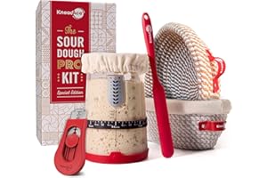 KneadAce Sourdough Starter Kit, 34oz Jar, 2 x Cotton Rope Banneton Baskets, Bread Lame, Perfect Gifts for Bakers