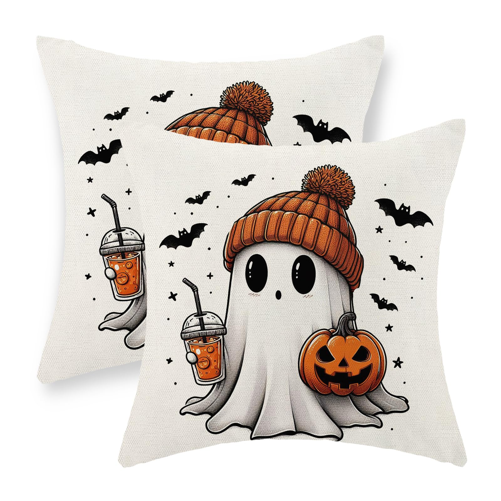 Photo 1 of JEFERSO Halloween Pillow Covers 18x18 Set of 2 Pumpkin Black Bats Cute Ghost Throw Pillow Covers Halloween Decorations Outdoor Pillowcase for Halloween Home Decor Linen Cushion Case for Couch Sofa