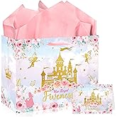 MOIZYNG Her Royal Fiveness Birthday Gift Bag, Pink Gold Castle Floral Princess 5th Birthday Gift Wrap Bags with Handles, Tissue Paper and Greeting Card for Girls 5 Year Old Party Favors Decorations