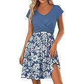 SAUKOLE Dresses for Women Trendy Summer Twist Front V Neck Sundress Casual Short Sleeve Mini Dress