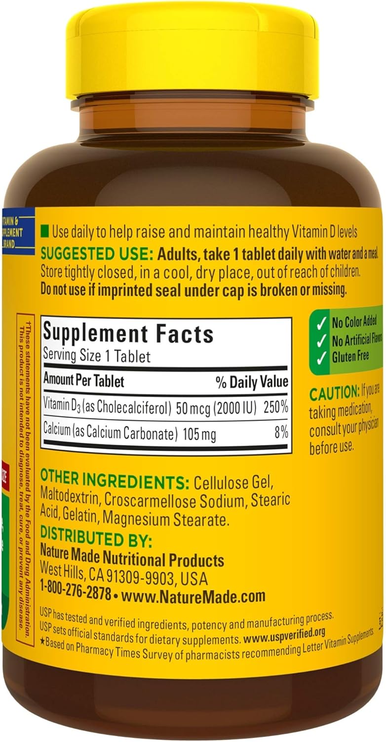 Nature Made Vitamin D3, 400 Tablets Mega Size, Vitamin D 2000 IU (50 mcg) Helps Support Immune Health, Strong Bones and Teeth, & Muscle Function, 250% of Daily Value for Vitamin D in One Daily Tablet: Health & Personal Care