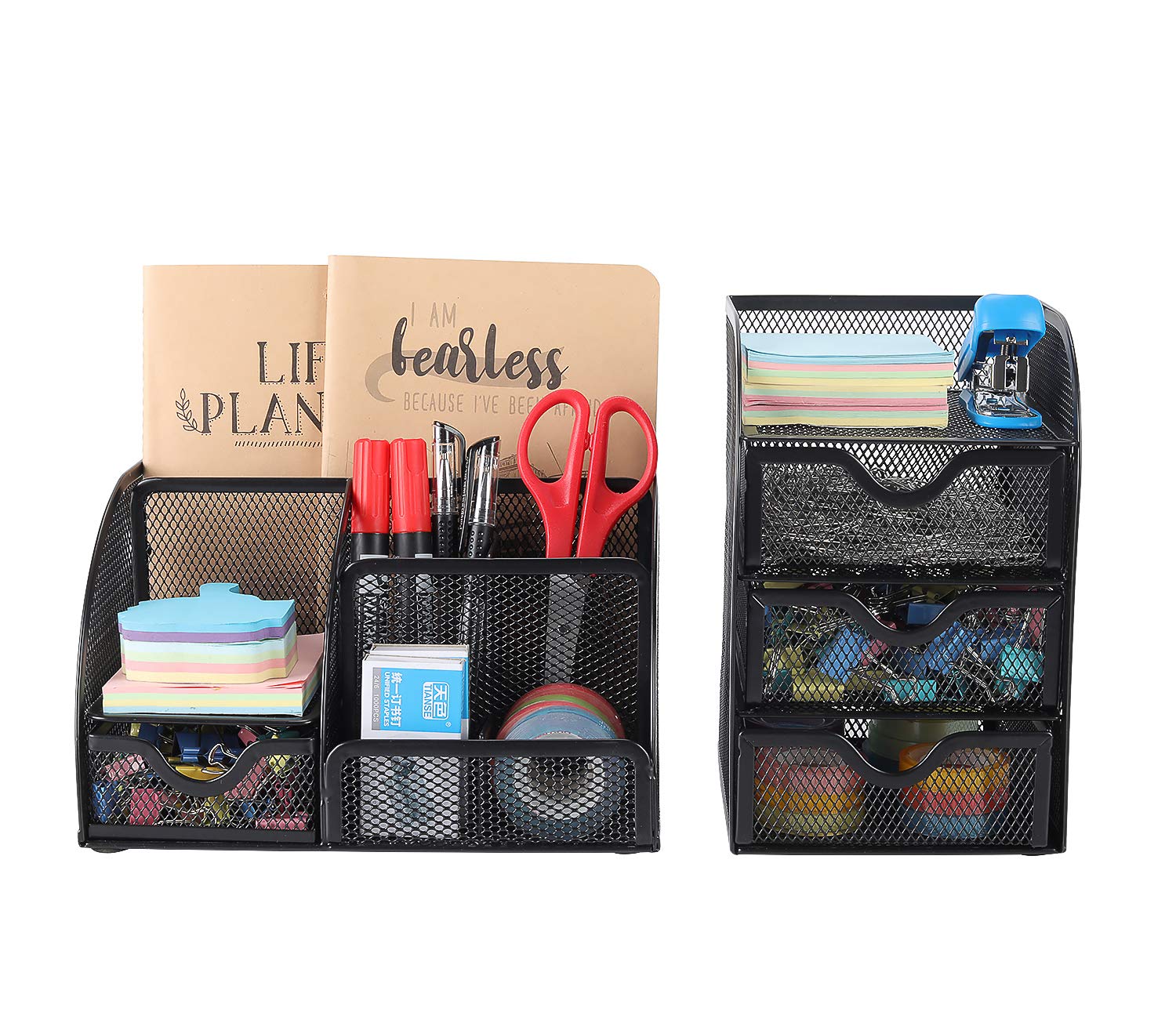 EasyPAG Office Mesh Desk Tidy 2 Piece Organiser Set - Versatile Desktop Stationery Holder and 3 Tier Small Drawer Storage,Black