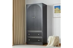 ORRD 2 Doors Freestanding Armoire Wardrobe Closet, Large Capacity Wardrobe Cabinet with 2 Storage Drawers, Wooden Closet for Bedroom Black