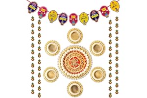 LETZ CELEBRATE 12 Pc Pooja Decor Set (7 Pc Floor Rangoli, 4 Wall Hanging Frills, 1 Happy Diwali Banner), Shubh Labh, Designer Rangoli with Tea Light Holder, Diwali Decorations For Home, Diwali Decor, Diwali Gifts