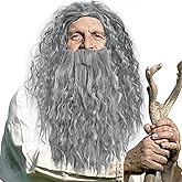 Rrshnsgv Gray Wizard Wig and Beard Set, Long Gray Wizard Wig with Fake Beard & Mustache, Adult Mens Wizard Costume Accessory for Halloween Cosplay, Carnival, Christmas Party Dress Up