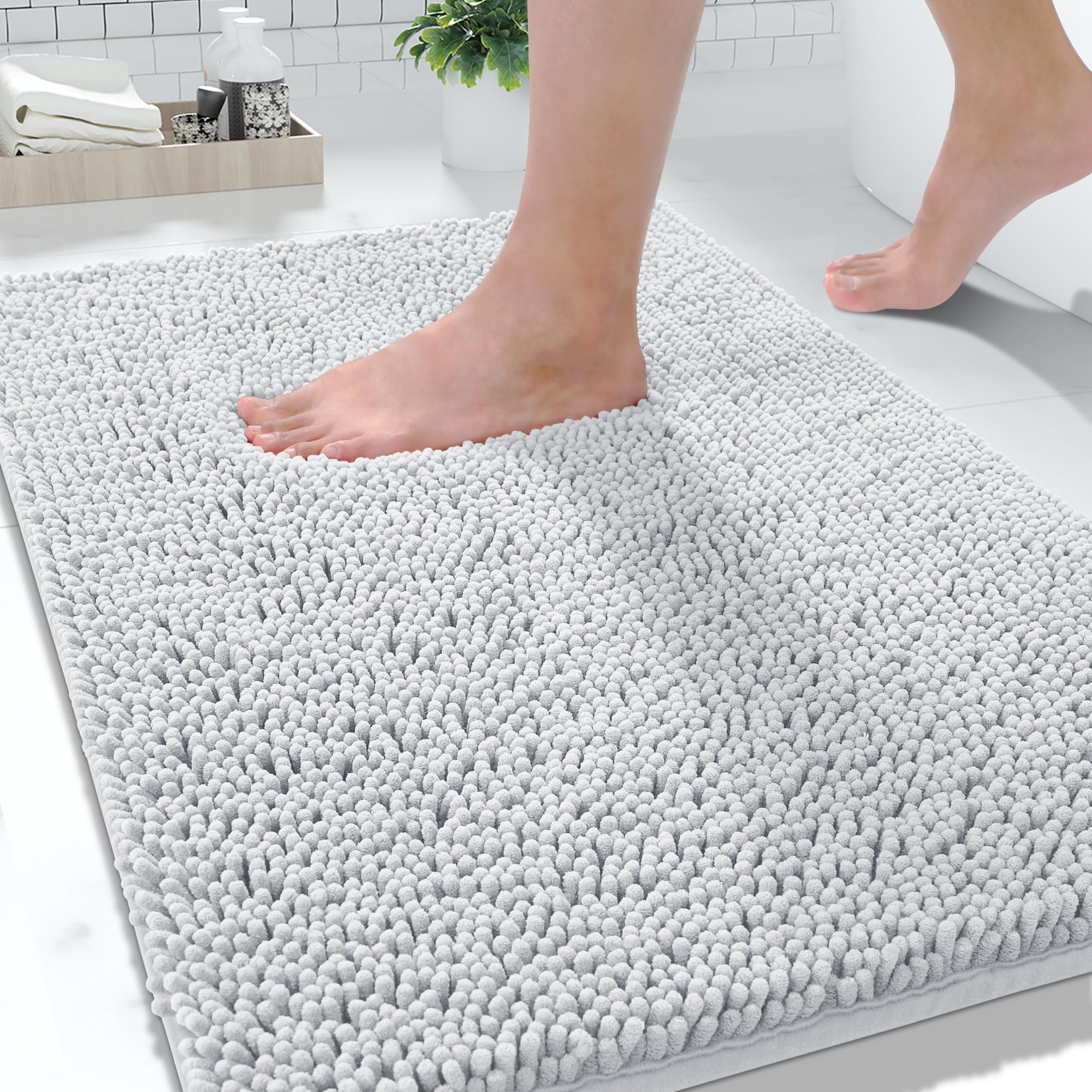 Photo 1 of Yimobra Washable Bathroom Rugs, Super Soft & Absorbent Chenille Bath Mat for Floor & Carpet, Quick Dry Non Slip Bath Mat for Tub Shower, 32"x20",Silver