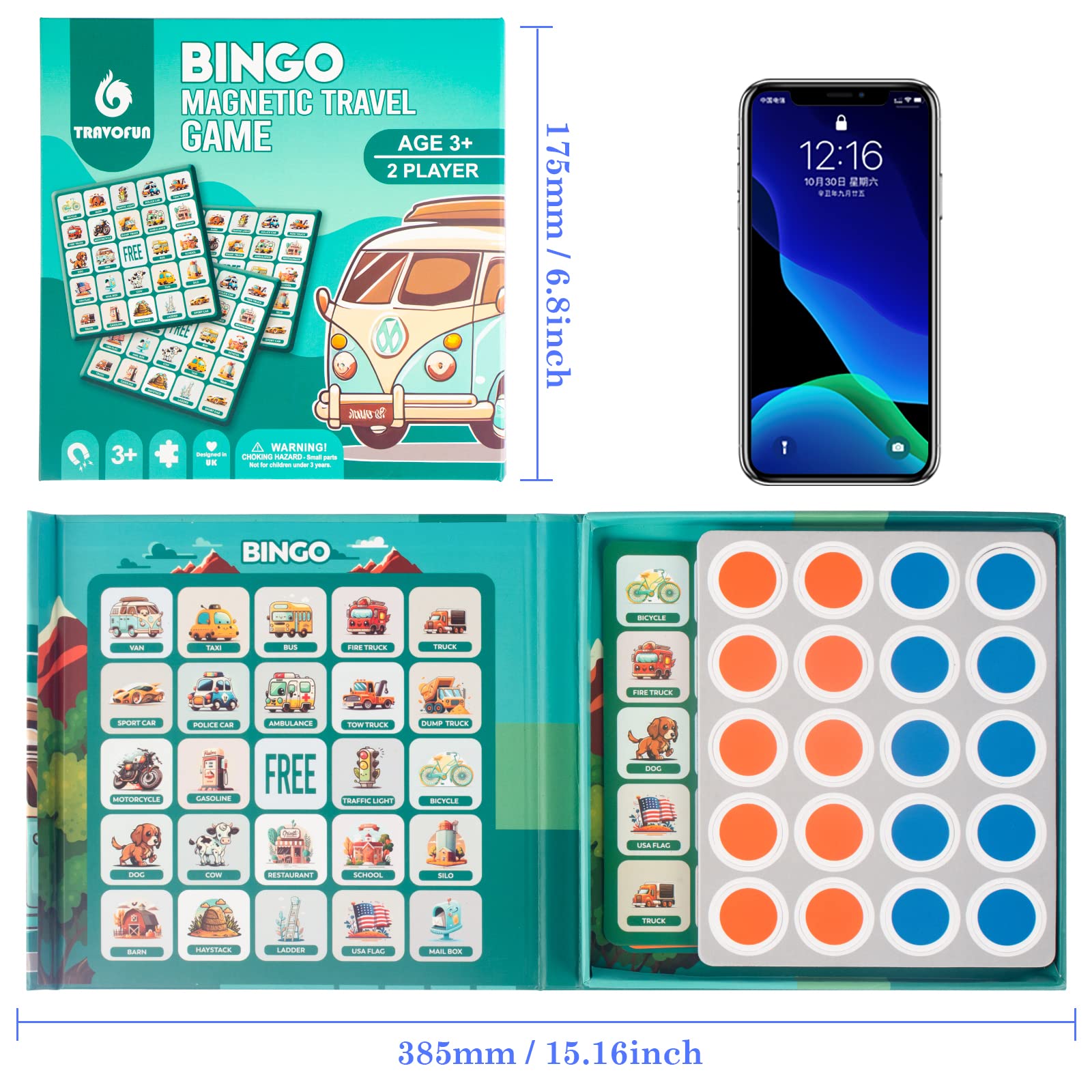 Magnetic Travel Bingo Game for Kids Ages 4-8 | Road Trip Essentials & Educational Board Game | Reusable Hunt and Seek Card with 20 Magnetic Pieces