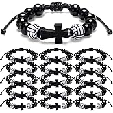 Equsion 16 Pcs Volleyball Rosary Bracelets with Wood Cross Pendant Braided Rope Adjustable Woven Volleyball Bracelets Jewelry Gifts for Teens Team Sport Players Accessories