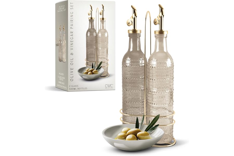 COOK WITH COLOR Glass Olive Oil Bottle Dispenser - 2 Pack- 17oz Oil and Vinegar Cruet - Olive Oil Carafe Decanter for Kitchen, Champagne Bubbles, Brown