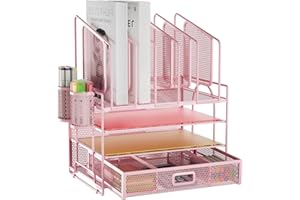 Marbrasse Desk organizer, 4 Tier Mesh File Organizer with 5 Vertical File Holders, Workspace Organizers with Drawer and 2 Pen