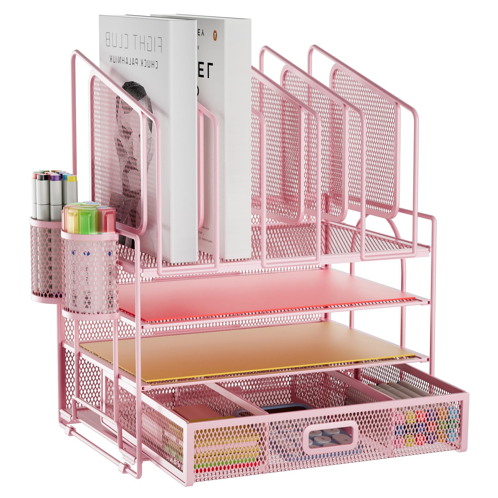 Photo 1 of Marbrasse Desk Organizers, 4-Tier Mesh Desk File Organizer with 5 Vertical File Holders and 2 Pen Holders, Multifunction Desktop Organizer,Desk Organizers and Accessories for Home Office (Pink)