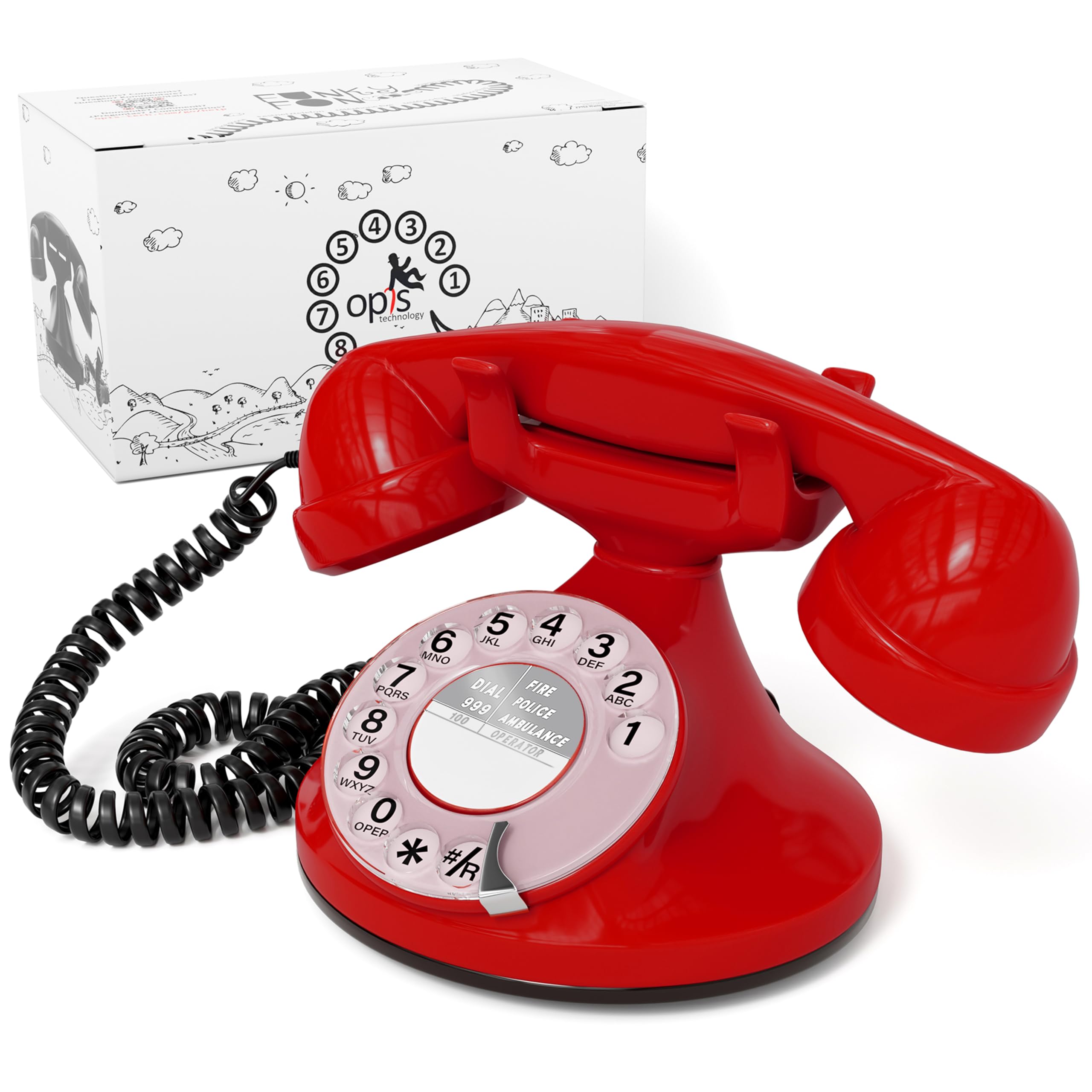 Opis FunkyFon Cable: A Retro Home Phone, Vintage Landline Phone for your Telephones Landline, offering Old Fashioned Telephones style in red