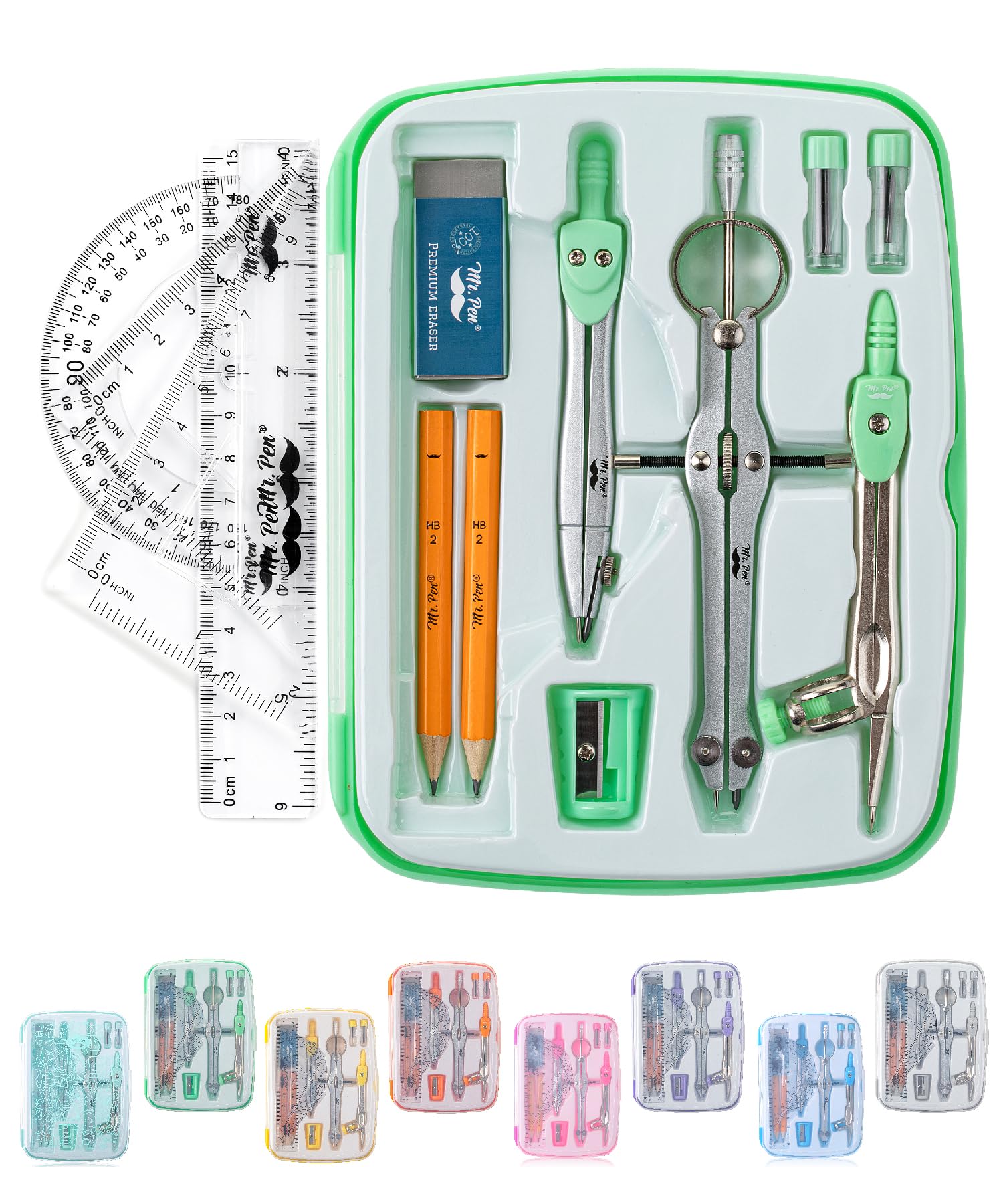 Photo 1 of Mr. Pen- Geometry Set, 13 pcs, Mint Green, Compass for Geometry Compass Math, Geometry Kit Set with Shatterproof Storage Box, Math Compass, Geometry Set for School, Protractor and Compass Set