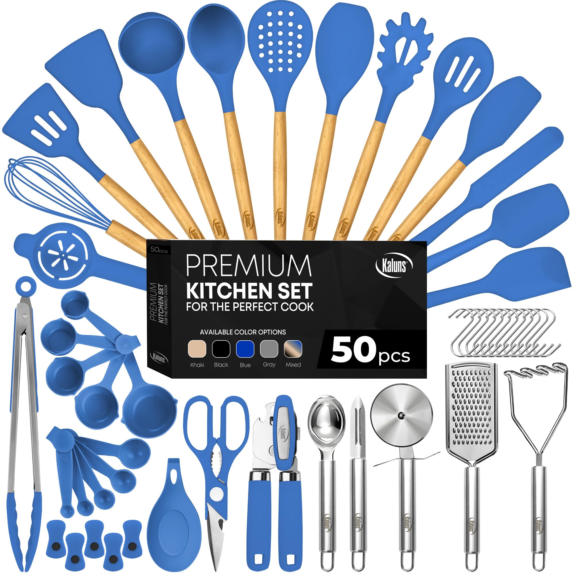 Photo 1 of Kaluns 50 PCS Silicone Kitchen Utensils Set Complete Kitchen Set - 800°F Heat Resistant Non-Stick Premium Cooking Utensils W Wooden Handles - Can Opener, Masher, Turner, Silicone Spatula Set