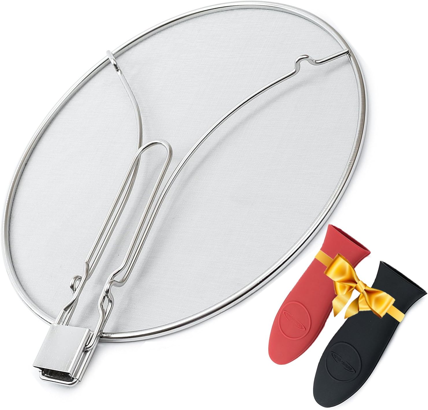 13 Inch Large Splatter Screen For Frying & Cooking Pans with 2 EXTRA Silicone Hot Handles By NOMOREMESS – Durable Stainless Steel – Fine Mesh Net – Prevents 100% Burns & Mess Caused By Splattering