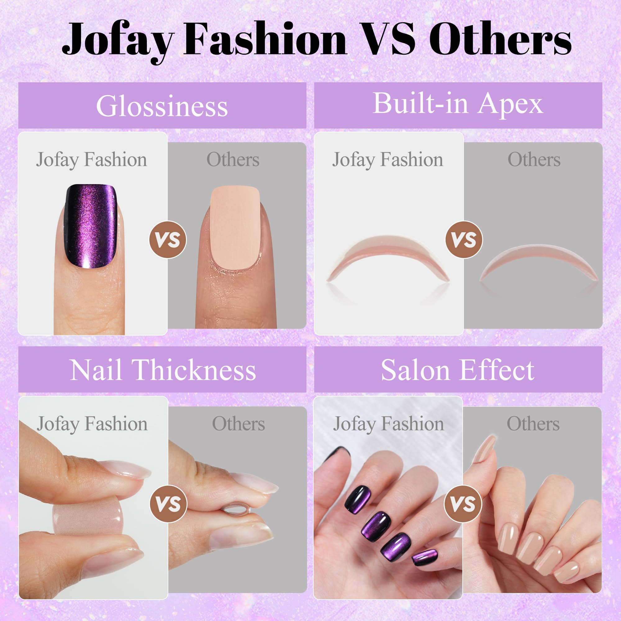 Cat Eye Press on Nails Short, Jofay Fashion Stylish Purple Square Press on Nails, Soft Gel Fake Nails, Reusable & Natural Acrylic False Nails, Stick on Nails for Women Gift, Glue on Nails Kit 32 Pcs - Image 5