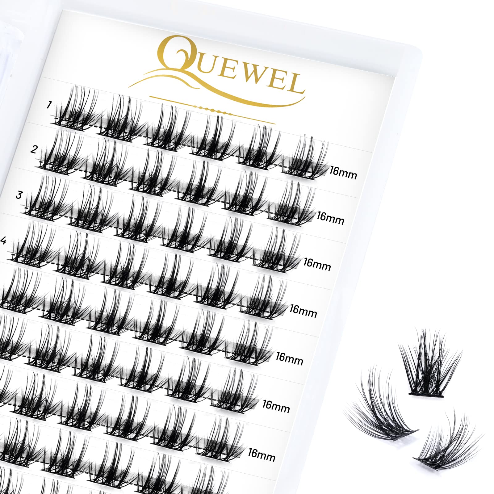 Cluster Lashes 72 Pcs QUEWEL Wide Stem Individual Lashes C/D Curl 8-16mm Length DIY Eyelash Extension False Eyelashes Soft for Personal Makeup Use at Home (Fluffy02-D-16) — image 1