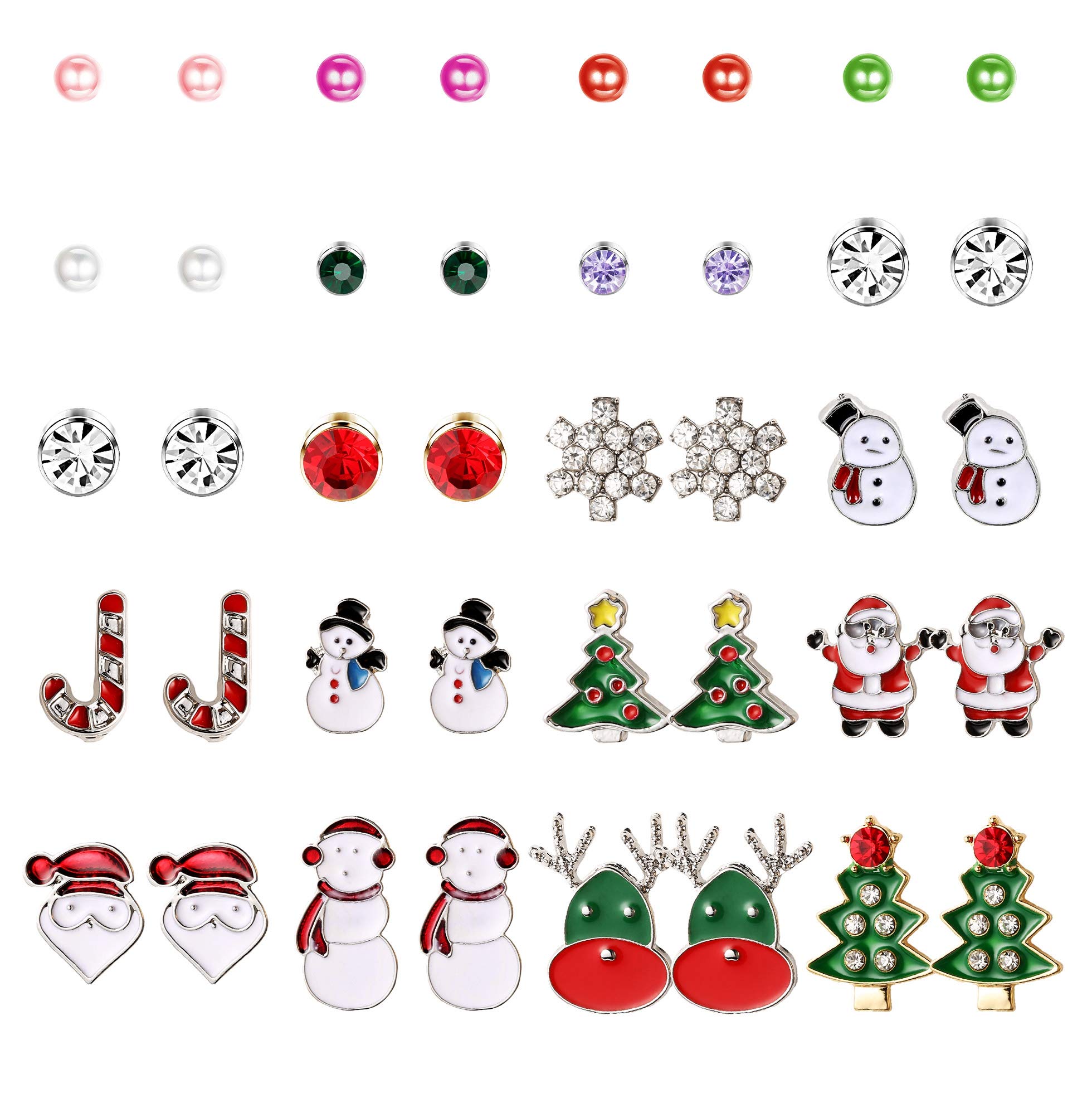 Finrezio 20 Pairs Women's Christmas Earring Stud Set - Cute Festive Hypoallergenic Jewelry Gifts for Her - Includes Red Santa Claus, Candy Cane, White Snowman, Green Christmas Tree