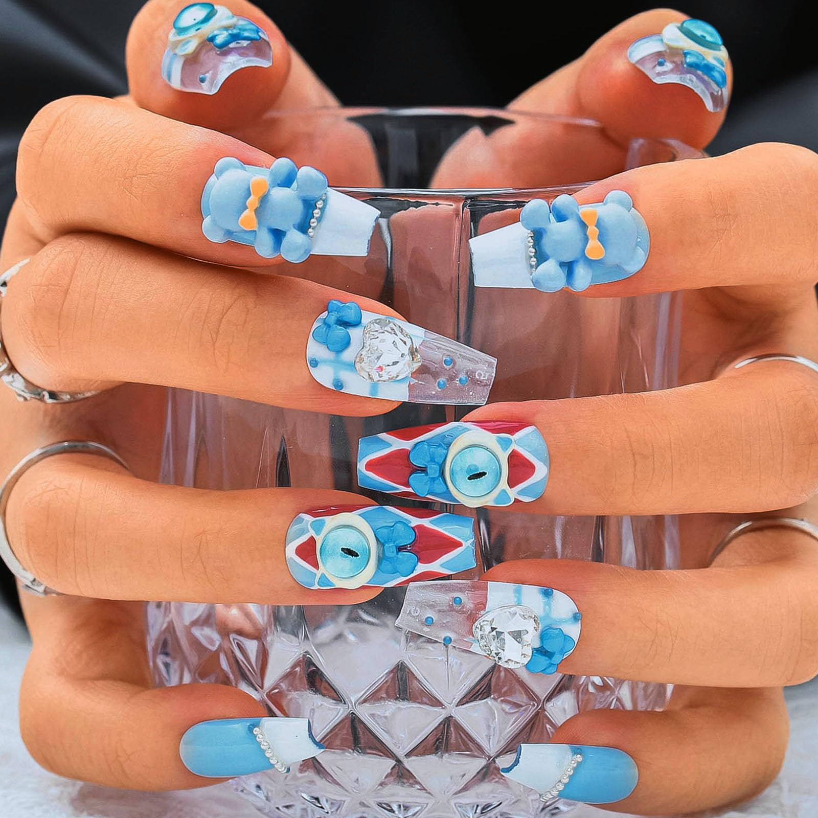 Sethexy Blue Medium Coffin Fake Nail Acrylic Glossy False Nail Devil Eye Funny Press On Nails 3D Bear Rhinestone Cute Stick On Nails 10PCS (7)