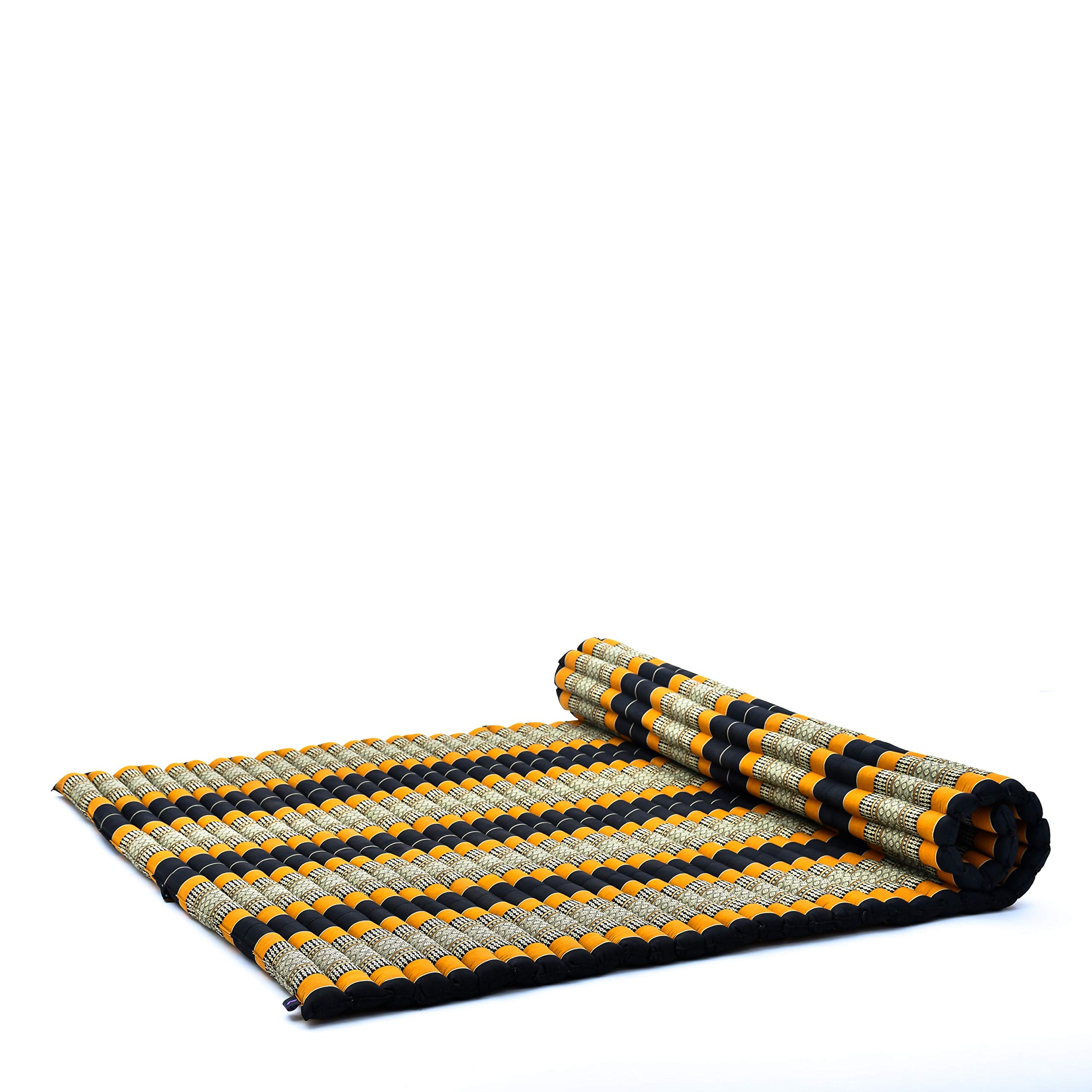 Leewadee - Foldable Floor Mattress - Japanese Roll Up Futon -Trifold Tatami Mat- Guest Floor Bed - Camping Mattress - Thai Massage Mat, Kapok Filled, 190 x 145 cm, Black Orange