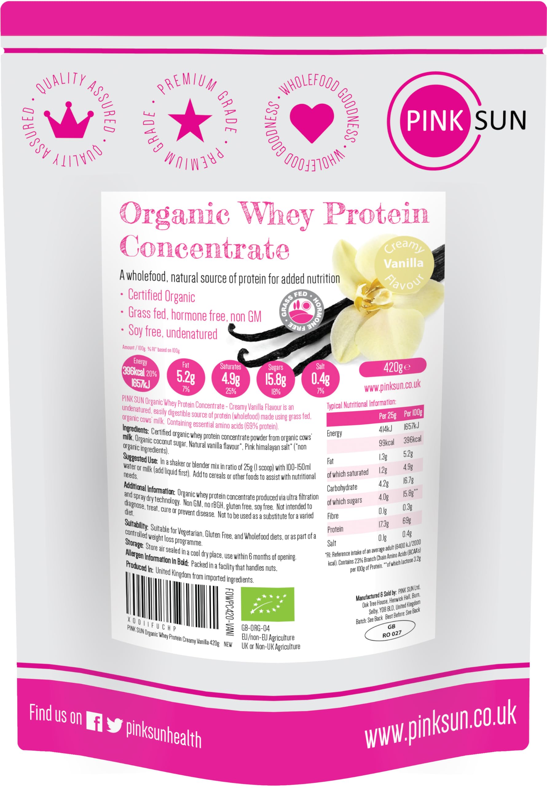 PINK SUN Organic Whey Protein Vanilla Flavour 420g Concentrate Powder Shake Soy Free Grass Fed Gluten Free Vegetarian Undenatured Non GM Certified Bio UK