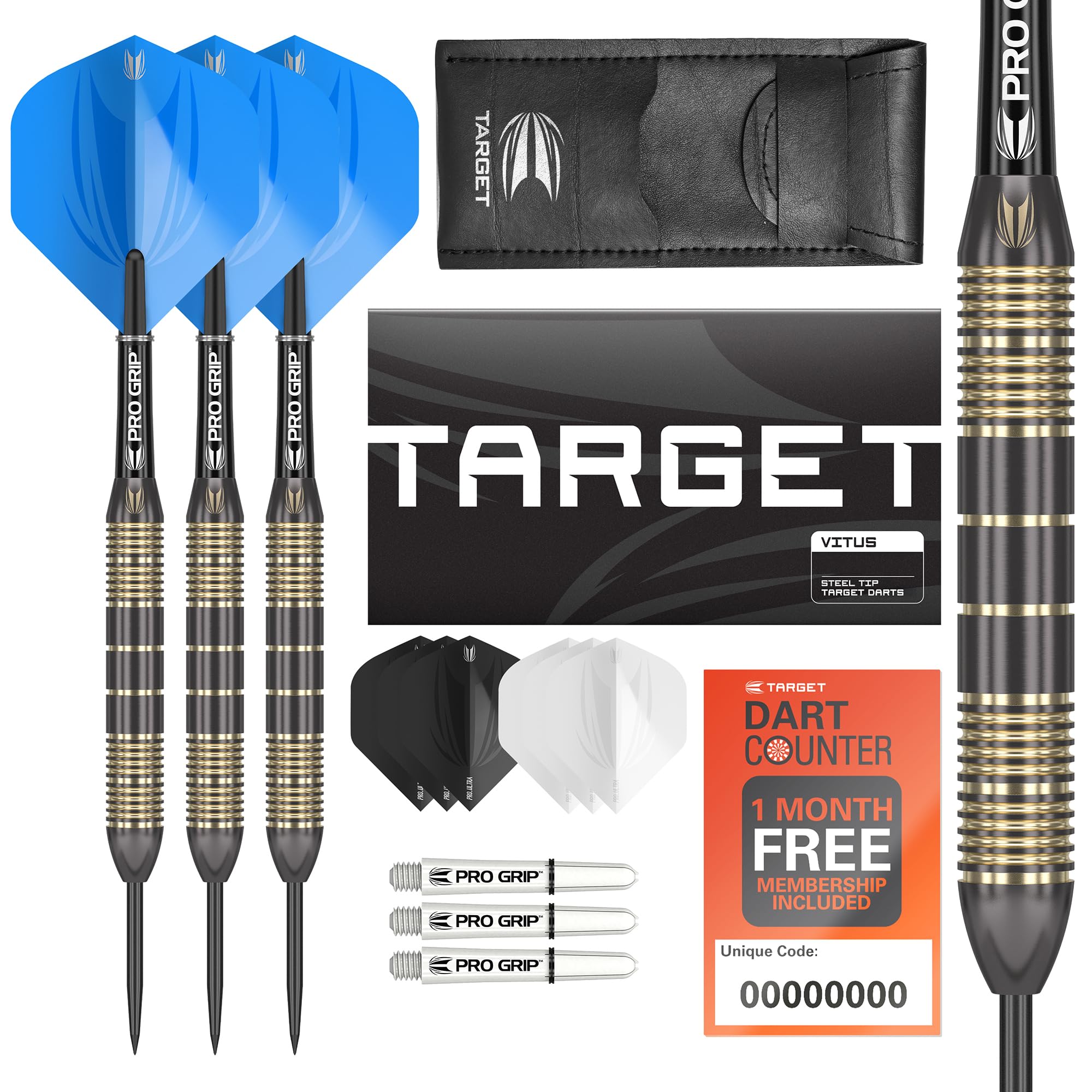 Target Darts Vitus 22G Brass Steel Tip Darts Set - 6 Pro Grip Shafts - 9 Pro Ultra Flights - Dart Wallet Bundle