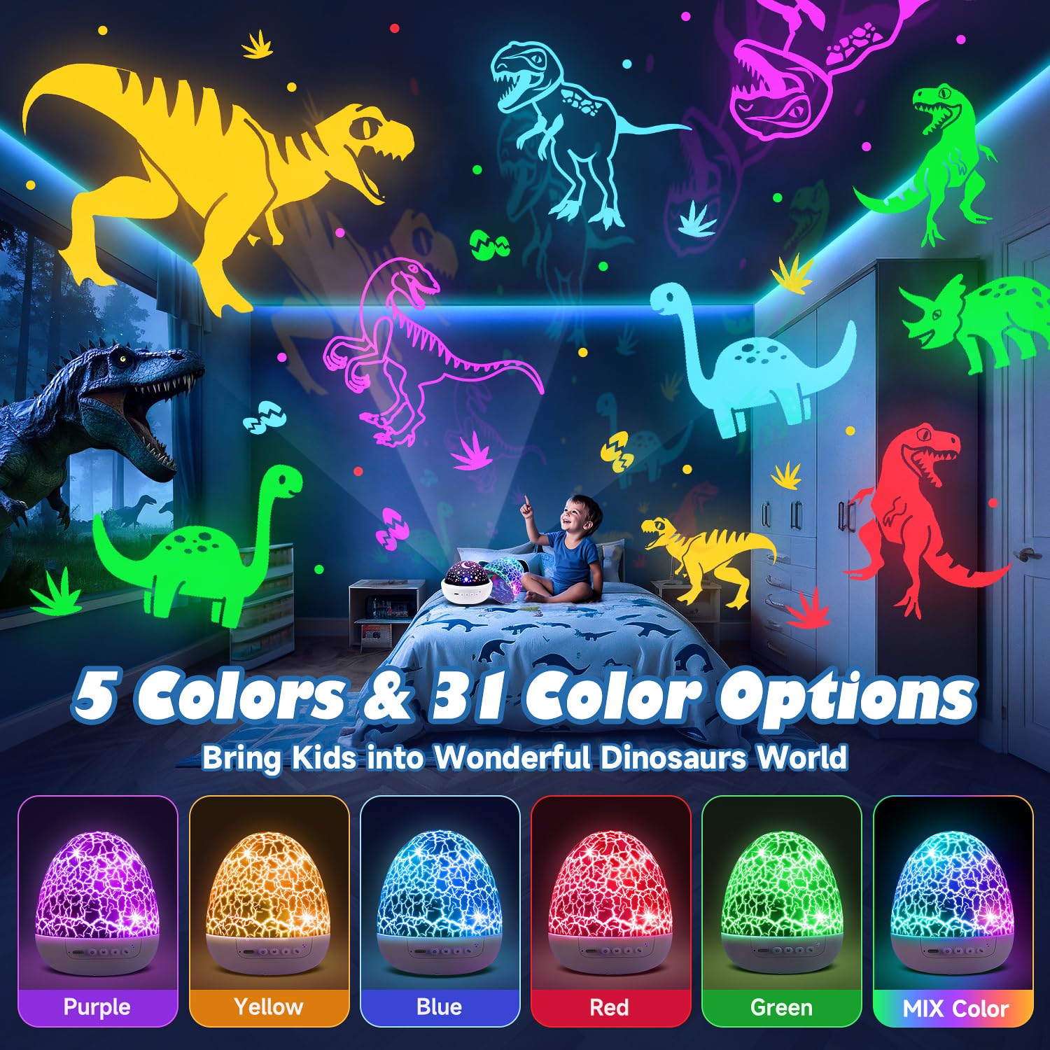 Dinosaurier Spielzeug Nachtlicht Kinder Projektor, 15 Musik Nachtlicht kinder Dinosaurier Spielzeug, 3 Filme+31 Farben Dino Lampe, Fernbedienung+Helligkeit+Timer Dino Ei, Junge 4 Jahre Geschenkideen 2