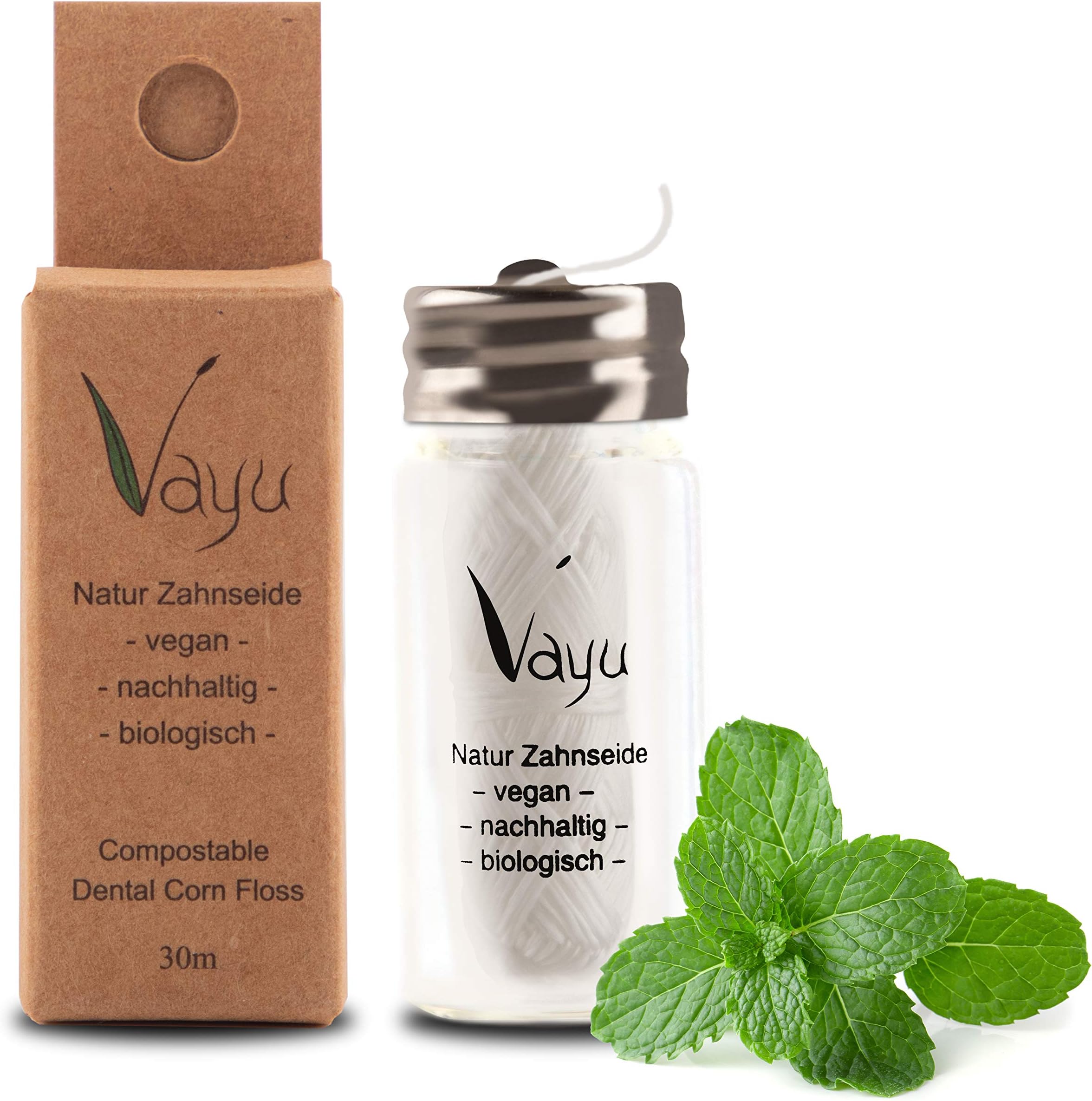 Vayu Vegan natural dental floss (glass bottle) | refillable - 30 meters - without plastic - in a glass - mint flavor