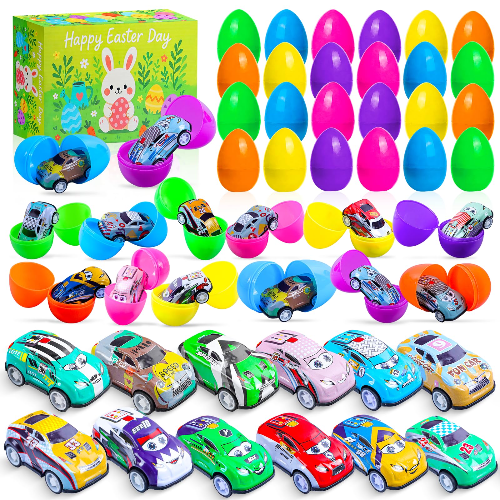 Ocirose 24 Pack Prefilled Easter Eggs with Pull Back Cars – No Assembly Required, Easter Egg Fillers & Basket Stuffers for Kids, Classroom Prizes, Party Favors, Easter Toys for Boys