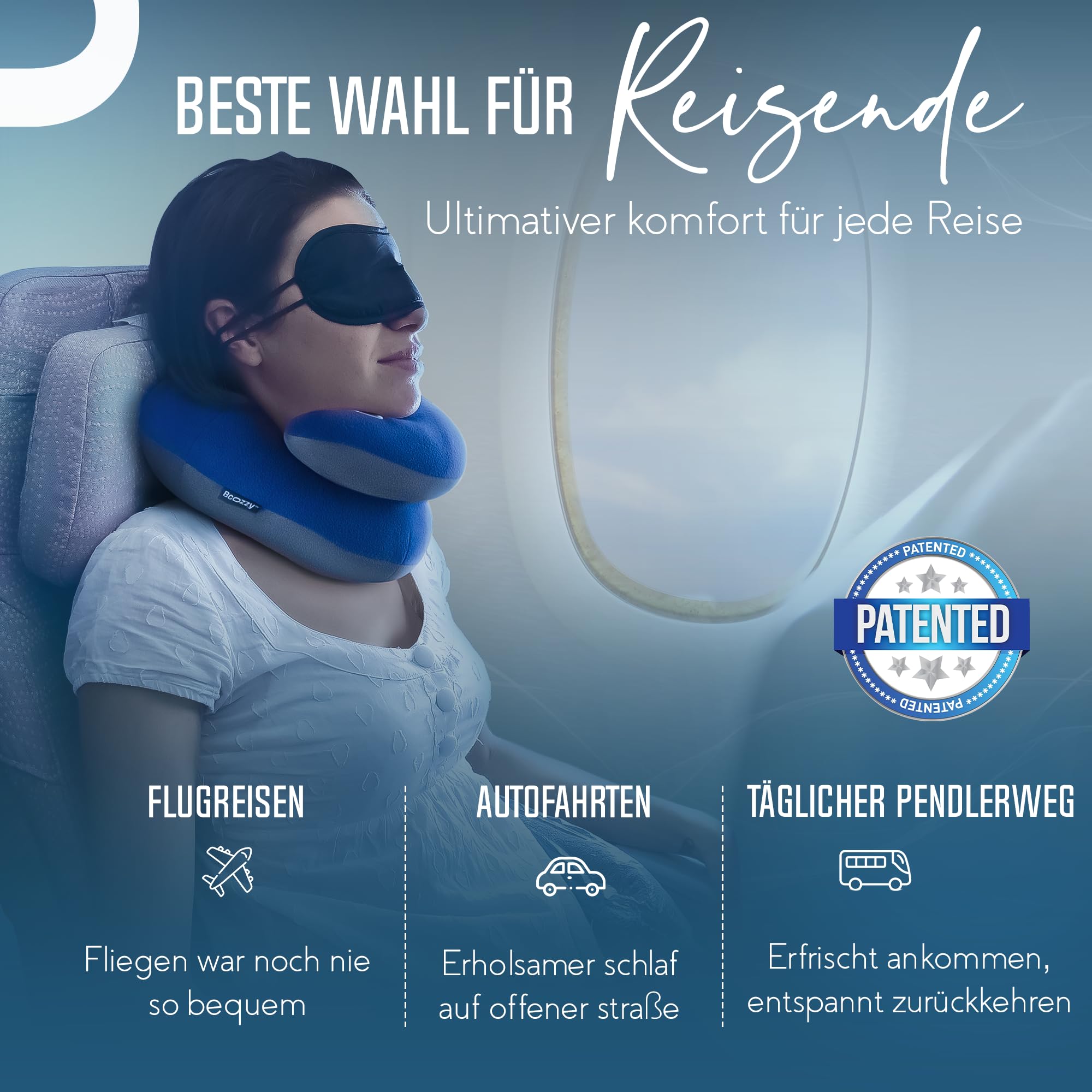 BCOZZY Nackenkissen Für Reisen, Bietet Doppelte Unterstützung Für Kopf, Nacken Und Kinn In Jeder Schlafposition Auf Flügen, Im Auto Und Zu Hause, Bequemes Flugzeug-Reisekissen, Größe Large, Blau 8