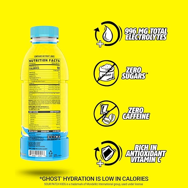 GHOST HYDRATION DRINK, SOUR PATCH KIDS BLUE RASPBERRY – RTD SPORTS DRINKS WITH ELECTROLYTES FOR HYDRATION – BEVERAGE FOR ATHLETES – ZERO CAFFEINE & ZERO SUGARS – 16.9 FL OZ, 12 PACK