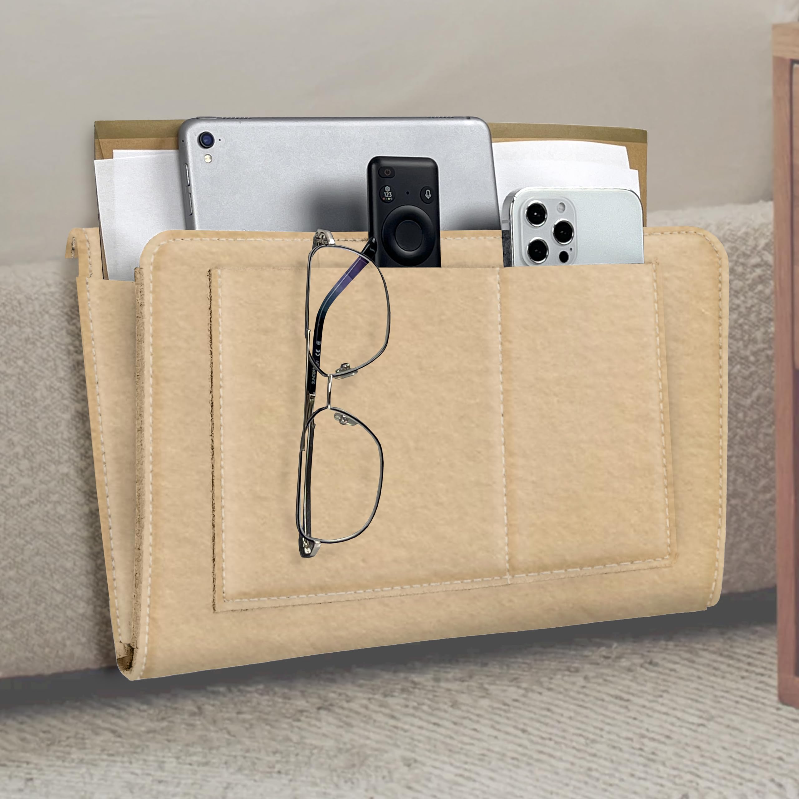 HomeGadget Felt Organizer Bag for Hanging [for Sofa & Bed] - with 5 compartments for any type of accessory like newspapers, glasses, smartphone - Beige