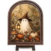 Cute Ghost Decor Sign, Vintage Halloween Decor, Boo Mini Frame Fall Art | Arched Wood Halloween Plaque, 5.9x7.7 Inch, Ghost With Lantern, Comes With Easel And Gift Box