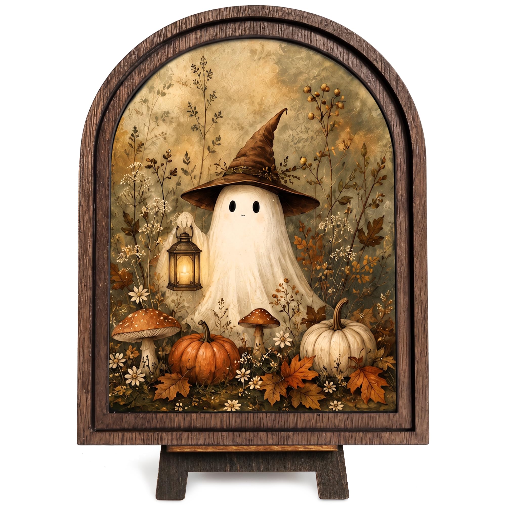 Cute Ghost Decor Sign, Vintage Halloween Decor, Boo Mini Frame Fall Art | Arched Wood Halloween Plaque, 5.9x7.7 Inch, Ghost W