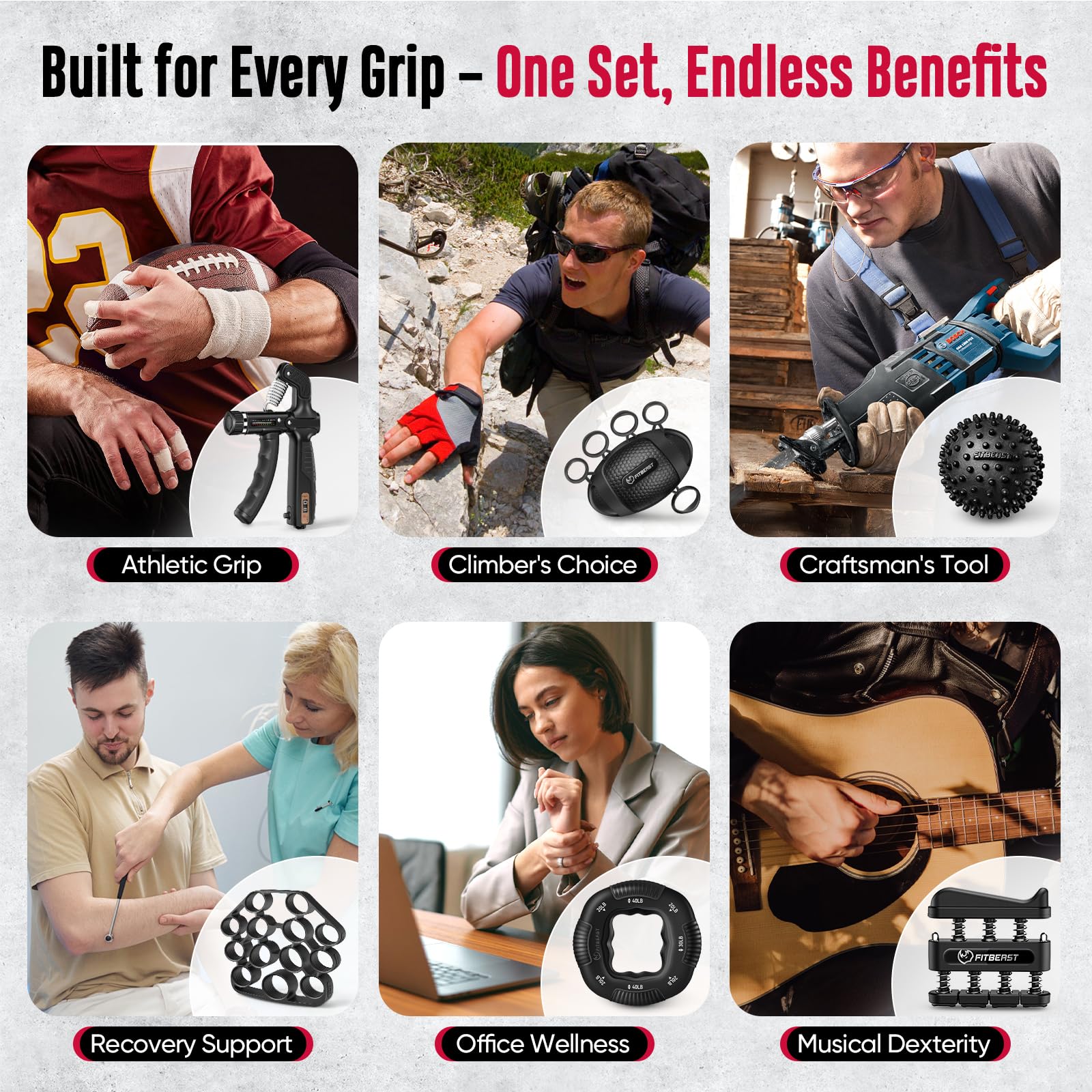 FitBeast Grip Strength Trainer, Hand Gripper Strengthener Kit - 6 Pack with Adjustable Resistance Forearm Strengthener, Forearm Exerciser and Massage Balls for Hand Therapy, Grip Training