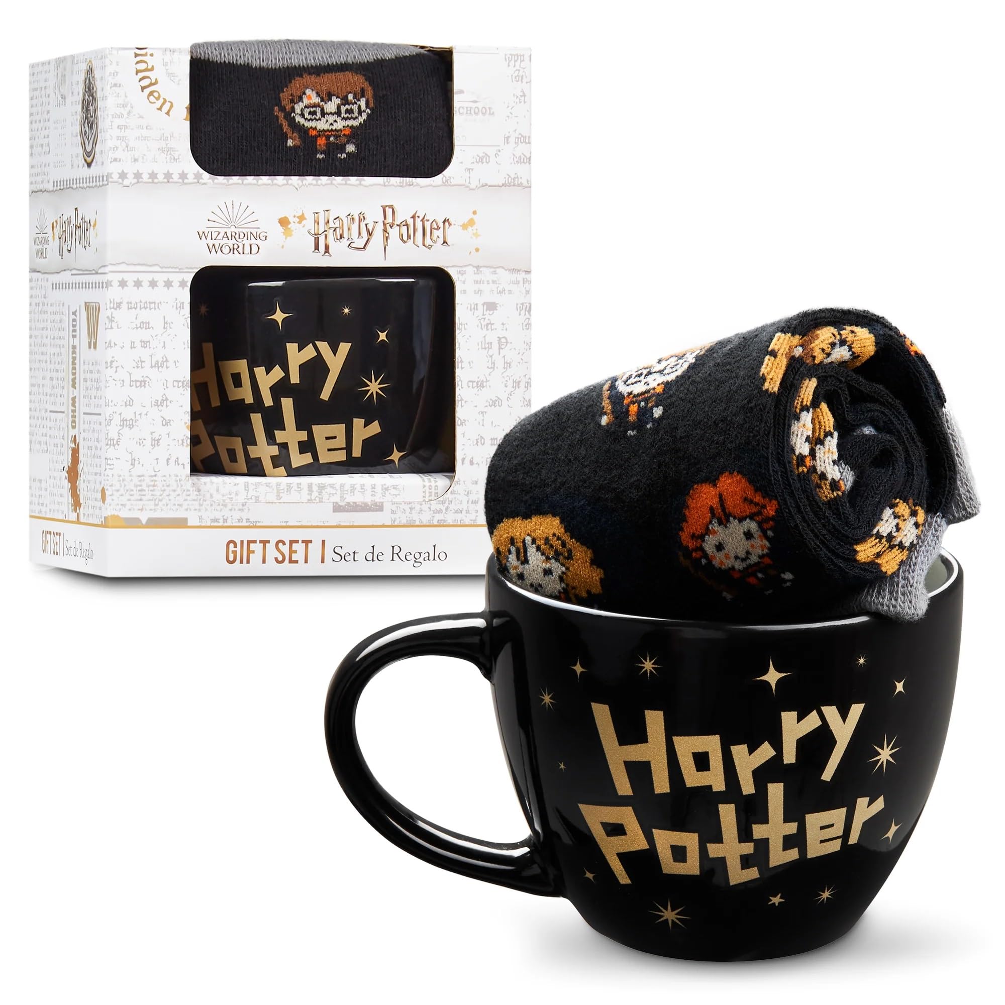 Harry Potter Mug & Socks Gift Set for Women & Teens UK Size 2.5-7.5, Hogwarts Calf Socks Ceramic Mug, Xmas Gifts for Women (Black, 2.5/7.5 UK)