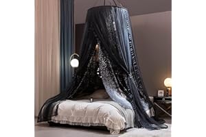Kertnic Gorgeous Moon Printed Bed Canopy for Girls & Adults, Room Decorative Cozy Bed Curtain Canopy Drapes, Round Dome Luxurious Lace Princess Canopies Mosquito Netting (Moon)