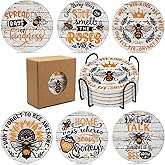 Bee Decor Coasters Set of 6,House Warming Gift Drink Absorbent Coasters with Holder, Coffee Table Decor Ceramic Stone Coaster for New Home,Apartment Kitchen Bar Living Room (Bee-Wood Grain)