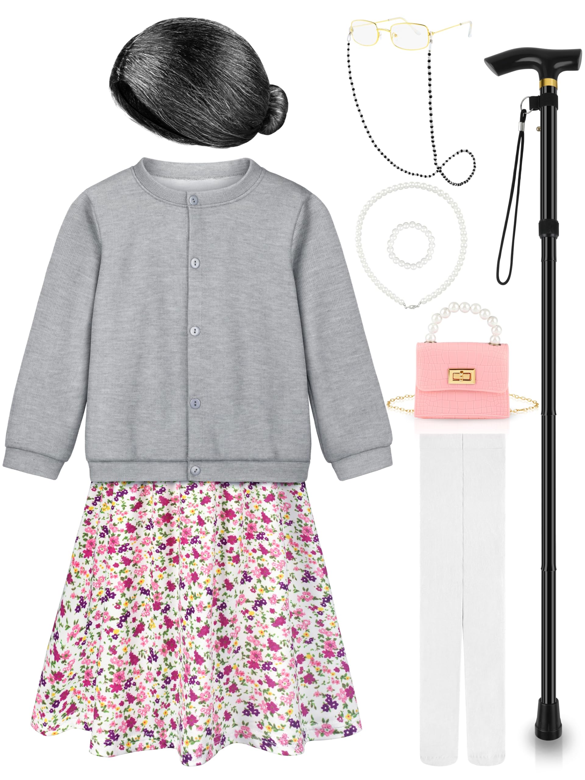 Photo 1 of Gnodio Old Lady Costume for Kids 100 Days of School Costume for Girls 100th Day of School Granny Old Lady Dress Up Accessory Gray 5-7X